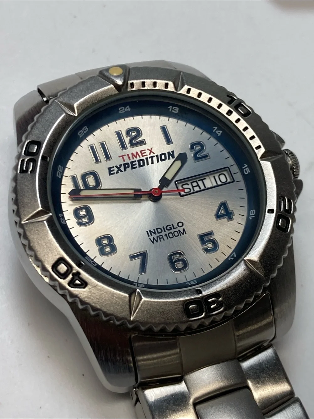 Timex Expedition Silver Watch with silver sunburst Dial, indiglo, new battery
